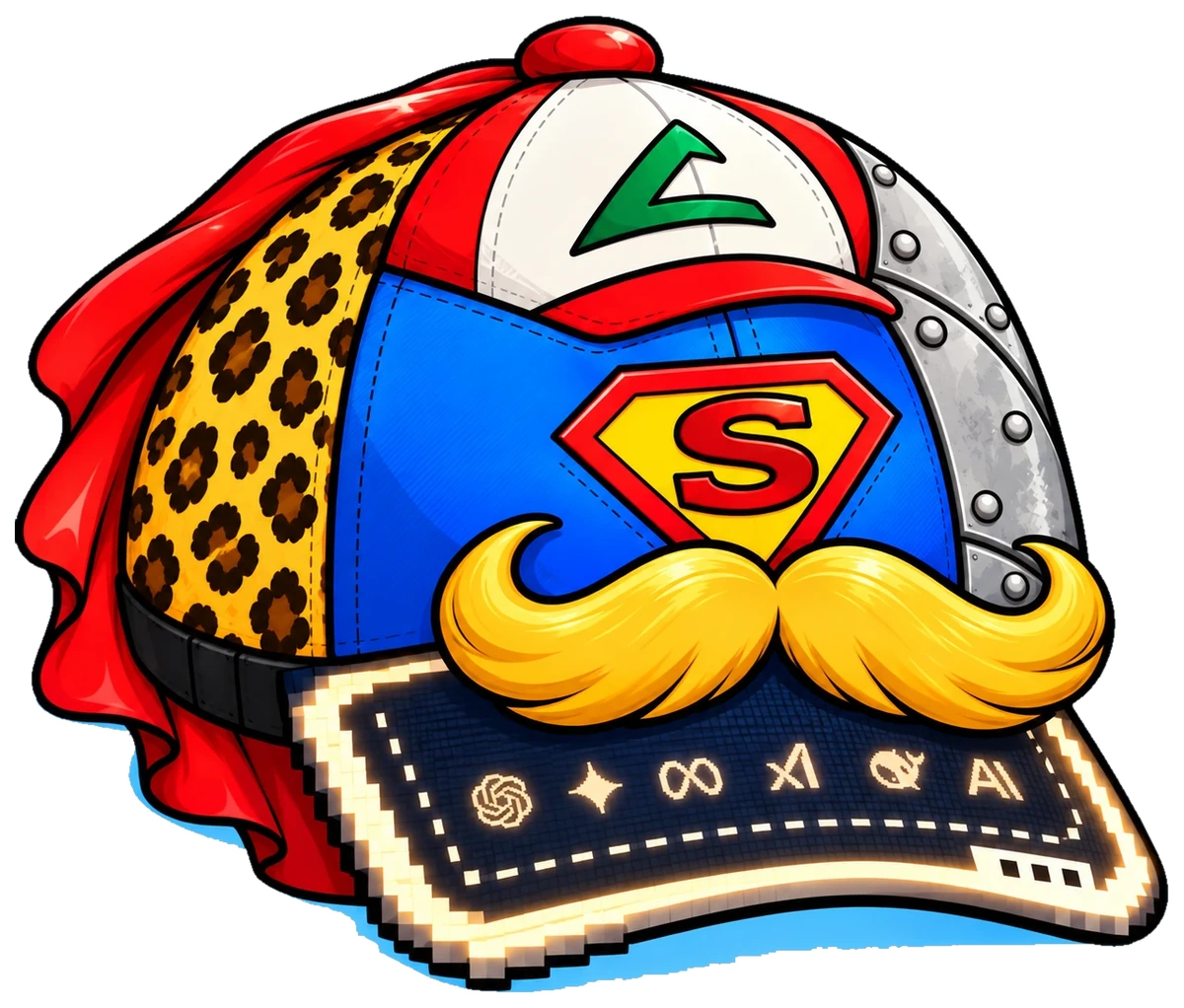 The Meta Cap: a patchwork cap with a red crown, leopard side, blue front panel, steel plate, red cape, yellow moustache and an LED visor